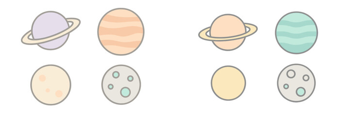 Colorful planets and moons arranged in a simple pattern for educational purposes in a playful style