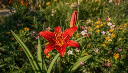 Scarlet Bloom Among Garden Foliage