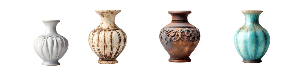 Ceramic Vases: Collection of Decorative Pottery on White Background