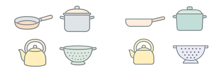 Variety of kitchen utensils designed in simple style on a clean background featuring pots, pans, and more
