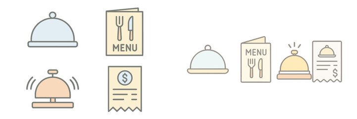Different styles of food service icons featuring menus and bell for ordering at a restaurant