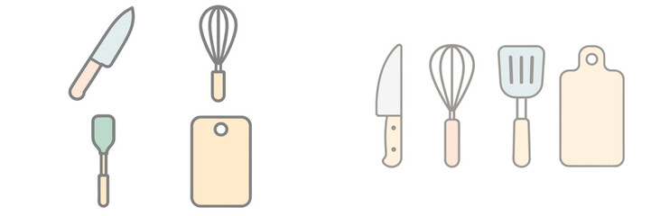 Kitchen utensils including knives, whisks, spatulas, and cutting boards organized on a simple background
