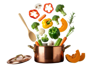 Vibrant bell peppers, broccoli, carrots, and rosemary falling into a vintage copper pot on rustic wood, spoon & lid suspended, white studio background with copy space, dynamic cooking concept
