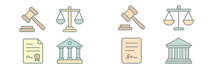 Legal symbols including gavel, scales, and court documents in a simple design during daytime