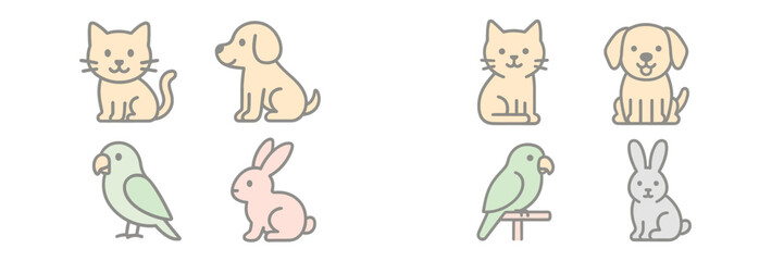 Cute cartoon animals including cats, dogs, birds, and rabbits in playful poses for children's design
