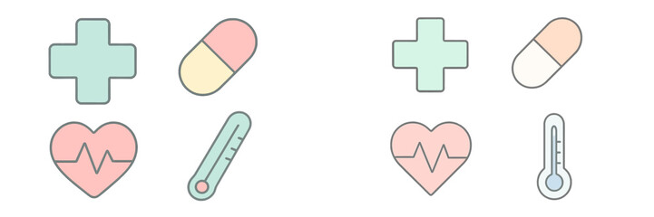 Colorful medical icons featuring pills, a heart, and a thermometer arranged in a pattern on a white background