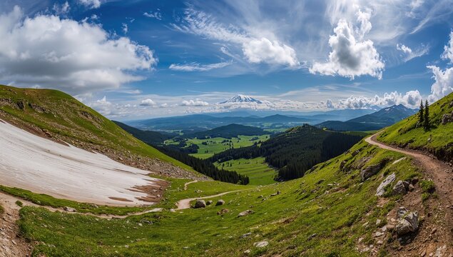 Scenic mountain panorama featuring Mount Ushba from a high vantage point