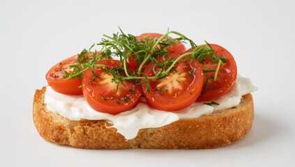 Cream cheese spread on toasted buns topped with cherry tomatoes and microgreens