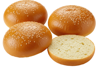 Freshly baked, golden-brown brioche burger buns, two whole, one split revealing fluffy interior, glistening white sesame seeds, on a bright white background, copy space. Gourmet food concept