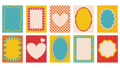 Abstract Groovy mini Greeting Cards or Frames, or Posters in cartoon style 90s. Bright banners in the minimalist style. Decor of postcards, social media posts ets.