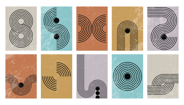 Abstract vintage wall art painting with Bauhaus striped shapes. Retro minimalist geometric backgrounds or posters with striped lines. Textured mid century scandinavian nordic style.