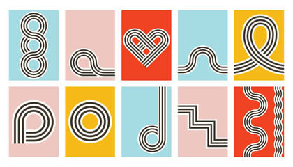 Bauhaus art wall decor. Printable geometric home decor. Nordic Striped Bauhaus geometric shapes retro posters.