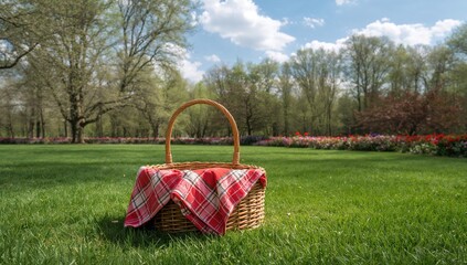Empty woven basket with a red cloth on lush green grass outdoors. Nature setting with ample space for text.