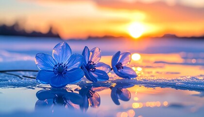 透明と淡いブルーのガラスの花が、凍った鏡面の上に並び静かに光を放ちます。
氷面には花の姿が完璧に映り込み、冷たい自然光が幻想的な輝きを添えます。
背景には淡い霧と光の粒が漂い、静寂と透明感を演出。ブランド広告や高級感あるデザイン背景として最適です。