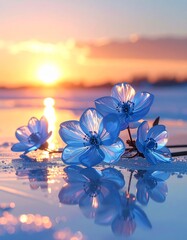 透明と淡いブルーのガラスの花が、凍った鏡面の上に並び静かに光を放ちます。
氷面には花の姿が完璧に映り込み、冷たい自然光が幻想的な輝きを添えます。
背景には淡い霧と光の粒が漂い、静寂と透明感を演出。ブランド広告や高級感あるデザイン背景として最適です。