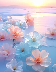 G透明なクリスタルの花びらが氷の鏡面上に散り、空と氷の間に浮かぶように見える構図。
柔らかな白い光と繊細な霜のアクセントが、純粋で上質な印象を演出します。
無限に続く反射が静けさと深みを生み出すラグジュアリーなイメージ。
ブランド広告や冬の高級デザイン背景に最適なフォトリアル素材です。