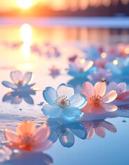 G透明なクリスタルの花びらが氷の鏡面上に散り、空と氷の間に浮かぶように見える構図。
柔らかな白い光と繊細な霜のアクセントが、純粋で上質な印象を演出します。
無限に続く反射が静けさと深みを生み出すラグジュアリーなイメージ。
ブランド広告や冬の高級デザイン背景に最適なフォトリアル素材です。