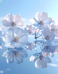 G透明なクリスタルの花びらが氷の鏡面上に散り、空と氷の間に浮かぶように見える構図。
柔らかな白い光と繊細な霜のアクセントが、純粋で上質な印象を演出します。
無限に続く反射が静けさと深みを生み出すラグジュアリーなイメージ。
ブランド広告や冬の高級デザイン背景に最適なフォトリアル素材です。