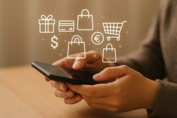 Online shopping hands holding phone with gift cards bags trolley and currency icons for digital commerce