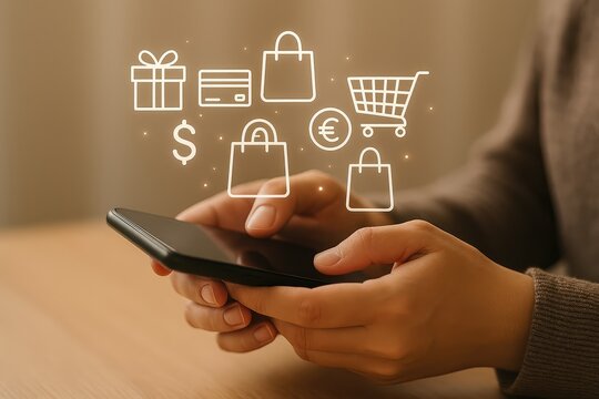 Online shopping hands holding phone with gift cards bags trolley and currency icons for digital commerce - Powered by Adobe