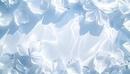 氷と空の間に浮かぶ透明なクリスタル花弁の幻想的な構図　透き通るガラスの花びらが氷上に映り込む静寂の世界