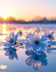 氷と空の間に浮かぶ透明なクリスタル花弁の幻想的な構図　透き通るガラスの花びらが氷上に映り込む静寂の世界