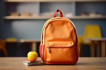 Orange backpack with books and apple on a desk in a classroom, ready for the school day