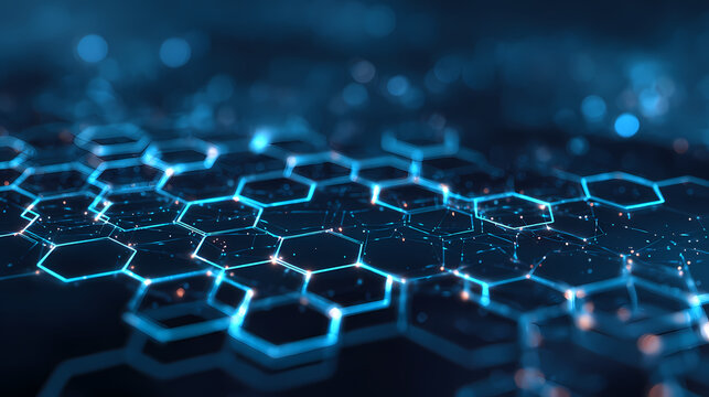 Futuristic hexagonal pattern with bright blue lines and dots, creating a digital and technological backdrop