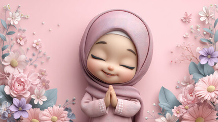 Joyful Muslim Girl with Soft Expression Surrounded by Beautiful Floral Arrangement in Pastel Colors