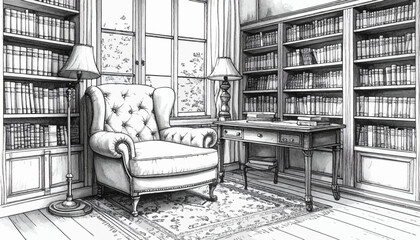 Classic Reading Room Sketch with Armchair and Bookshelves