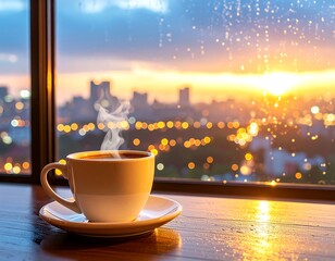 Coffee cup by window at sunset