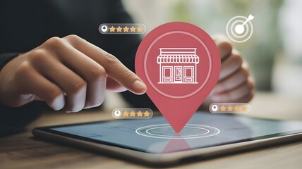 Illustration of person interacting with a tablet displaying a location pin icon, representing local business and online search