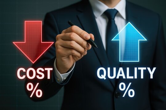 Businessman showing cost reduction and quality improvement strategy for business growth