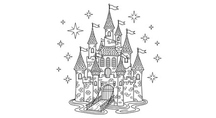 Fairy Tale Castle Line Art with Stars on White Background