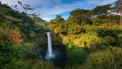 Scenic waterfall surrounded by lush greenery in a tropical forest