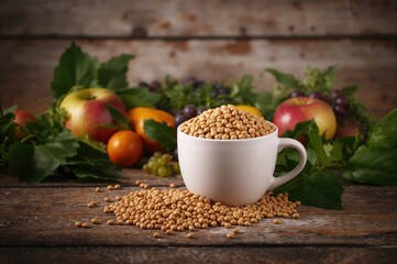 White cup filled with soybeans on a natural wooden surface surrounded by leaves and fruits, symbolizing healthy agriculture