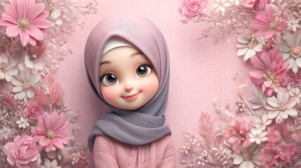 Cute Young Muslim Girl with Hijab Surrounded by Pink Flowers and Soft Floral Background