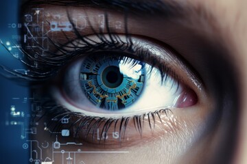 Obraz premium Close up of woman eye with futuristic bionic implants scanning and showing circuit board, iris recognition and data analysis