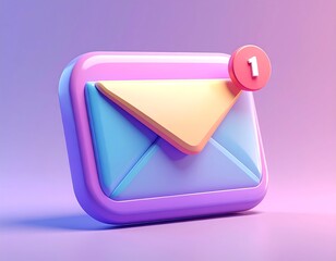 A 3D rendered email icon, with notification. It's an envelope shape and is pastel color