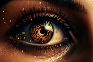 Close up of woman eye with futuristic digital circuit and binary code, representing artificial intelligence and technological advancement