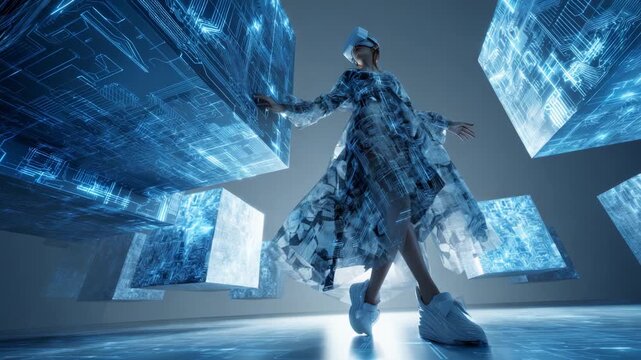 Immersive Virtual Reality Experience: A User Engaged with Cutting-Edge Technology Surrounded by Floating Digital Cubes Illustrating Advanced Data Visualizations and Interactivity in a Futuristic