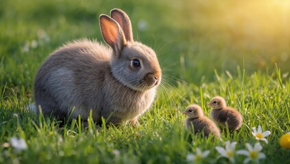 Gray bunny sitting on the grass