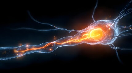 Biological nerve cell structure displays electrical signal transmission across dark background
