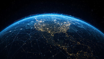 Obraz premium A mesmerizing view of earth from space, showcasing the intricate network of interconnected cities and the vastness of our planets atmosphere