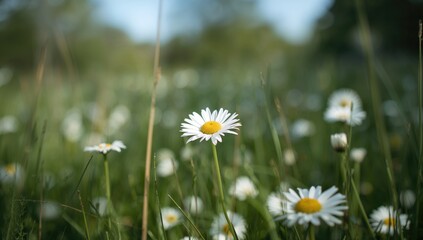 Serene close-up of a wildflower field with gentle sunlight and lush greenery