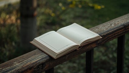 Business idea: Open notebook resting on wooden railing outdoors