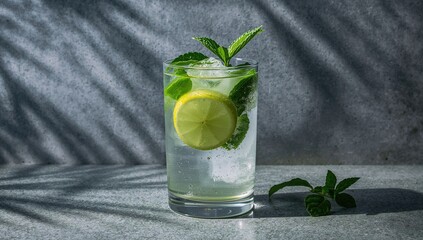 A clear glass filled with a chilled mojito featuring ice cubes, lemon slices, and fresh mint and lemon balm leaves, set against a gray backdrop with palm leaf shadows for a cooling effect.