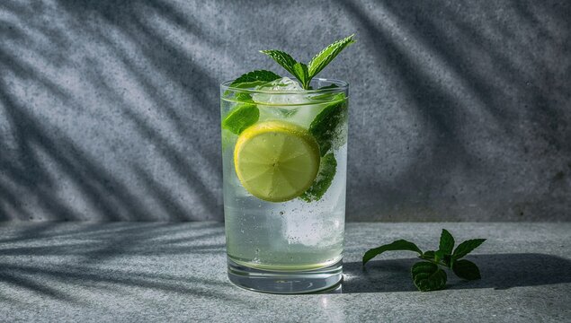 A clear glass filled with a chilled mojito featuring ice cubes, lemon slices, and fresh mint and lemon balm leaves, set against a gray backdrop with palm leaf shadows for a cooling effect. - Powered by Adobe