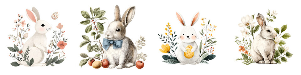 Obraz premium Watercolor Easter Bunnies and Floral Decorations Set