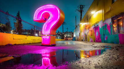 A glowing neon question mark stands in a colorful alley at night, reflecting on the wet pavement below it